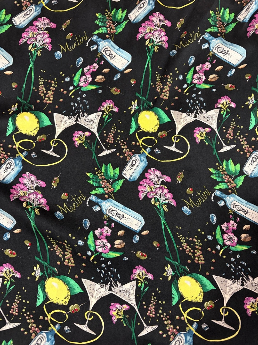Black Cocktail Print Wrap Skirt with Lemon Accents